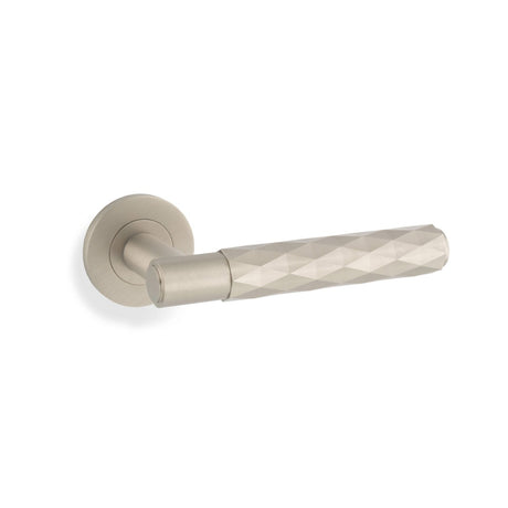 High quality image of Alexander & Wilks - Spitfire Lever Diamond Cut On 50X6mm Rose - Satin Nickel | Sku. aw226sn | Trade Door Handles.