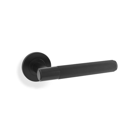 High quality image of Alexander & Wilks - Spitfire Reeded Lever on Round Rose - Black | Sku. aw222bl | Trade Door Handles.