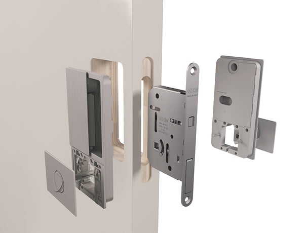 Quality image of AGB Wave Flush Pocket Door Handle & Bathroom Lock Set - Matt Black | Sku. agbwbpdmb | available from Trade Door Handles.