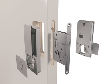 Quality image of AGB Wave Flush Pocket Door Handle & Bathroom Lock Set - Matt Black | Sku. agbwbpdmb | available from Trade Door Handles.
