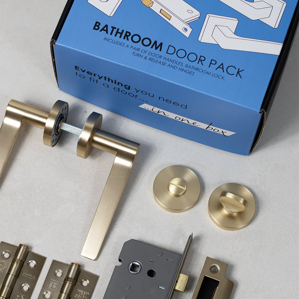 Quality image of Eco Ocean Door Handle Pack (Bathroom Set - 2.5" CE Bathroom Lock, 4" Fire Rated Hinges x3) - Satin Chrome/Polished Chrome | Sku. adpeco40scpc10 | available from Trade Door Handles.