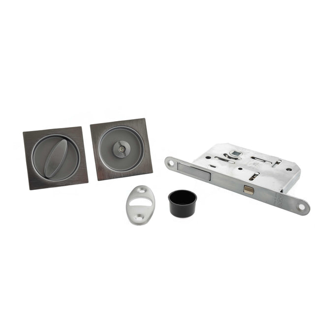 Quality image of AGB Sliding Door Bathroom Lock Set with Square Flush Handle - Satin Chrome | Sku. b046515034 | available from Trade Door Handles.
