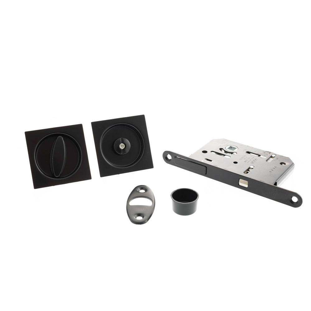 Quality image of AGB Sliding Door Bathroom Lock Set with Square Flush Handle - Matt Black | Sku. b046515093 | available from Trade Door Handles.