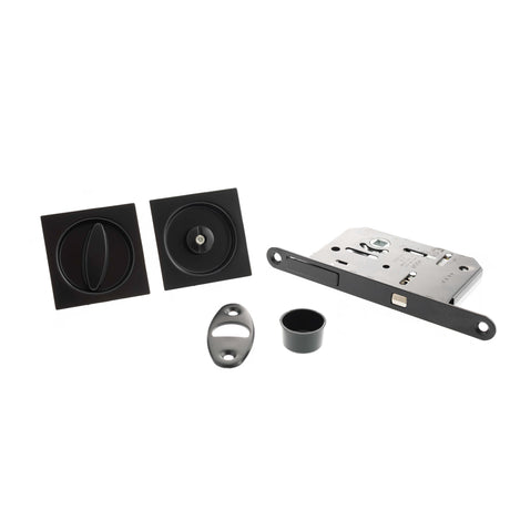 Quality image of AGB Sliding Door Bathroom Lock Set with Square Flush Handle - Matt Black | Sku. b046515093 | available from Trade Door Handles.