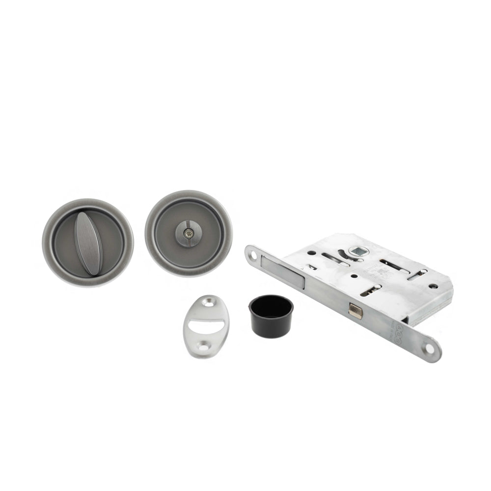 Quality image of AGB Sliding Door Bathroom Lock Set with Round Flush Handle - Satin Chrome | Sku. b046815034 | available from Trade Door Handles.