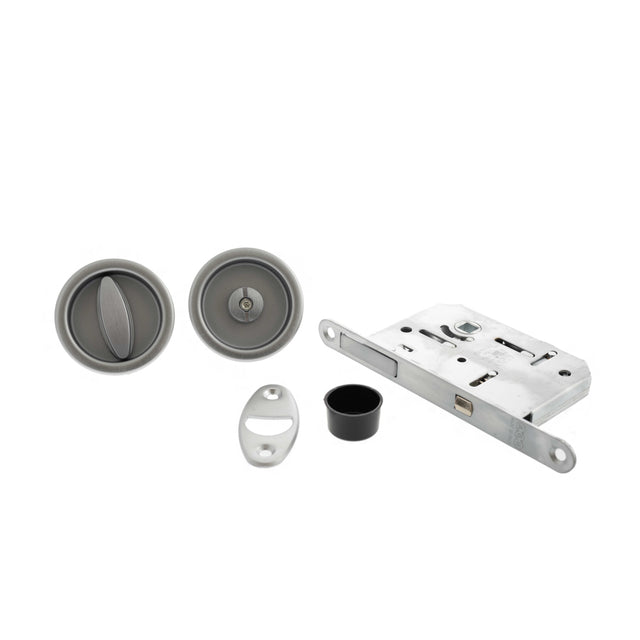 Quality image of AGB Sliding Door Bathroom Lock Set with Round Flush Handle - Satin Chrome | Sku. b046815034 | available from Trade Door Handles.