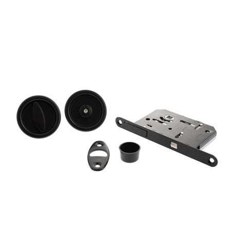 Quality image of AGB Sliding Door Bathroom Lock Set with Round Flush Handle - Matt Black | Sku. b046815093 | available from Trade Door Handles.