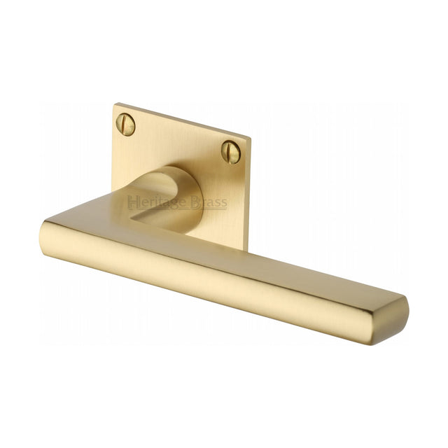High quality image of the Heritage Brass Door Handle Lever Latch on Square Rose Trident Design Satin Brass Finish | Sku. bau2910-sb | Discounted prices available from Trade Door Handles