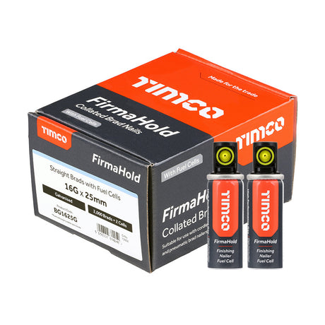 This is an image of Timco - FirmaHold Collated Brad Nails & Fuel Cells - 16 Gauge - Straight - Galvanised 16g x 25mm/2BFC (2000 PCS Box)
