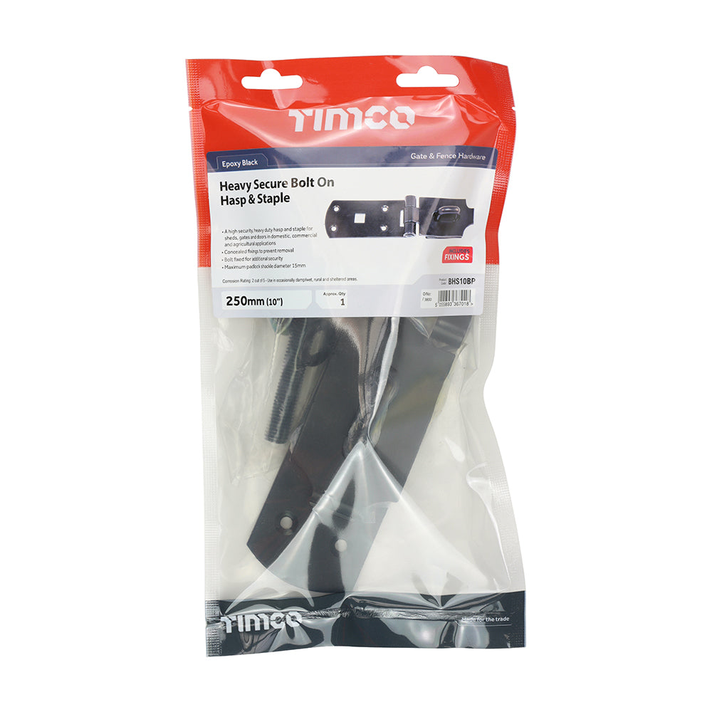 This is an image of Timco - Secure Bolt On Hasp & Staple - Heavy Duty - Black 10" (1 Each TIMbag) BHS10BP