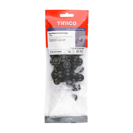 This is an image of Timco - Two Piece Screw Caps - Black To fit 3.5 to 4.2 Screw - (100 PCS TIMpac) BLACKPLAST
