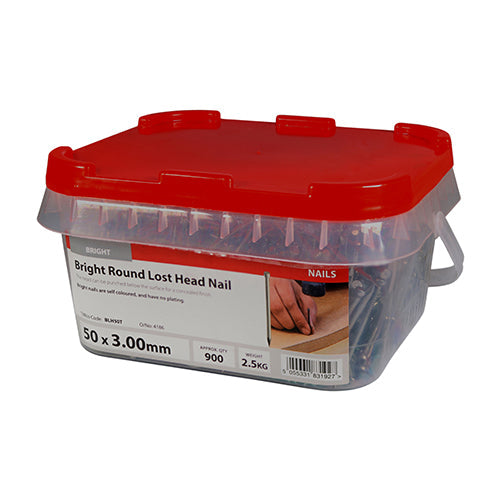 This is an image of Timco - Round Lost Head Nails - Bright 50 x 3.00mm (2.5 Kg TIMtub) BLH50T
