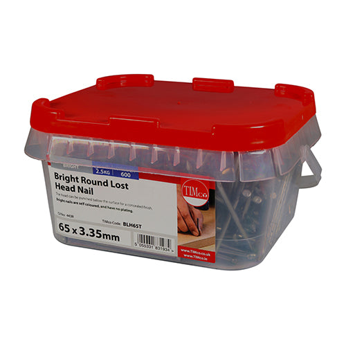 This is an image of Timco - Round Lost Head Nails - Bright 65 x 3.35mm (2.5 Kg TIMtub) BLH65T