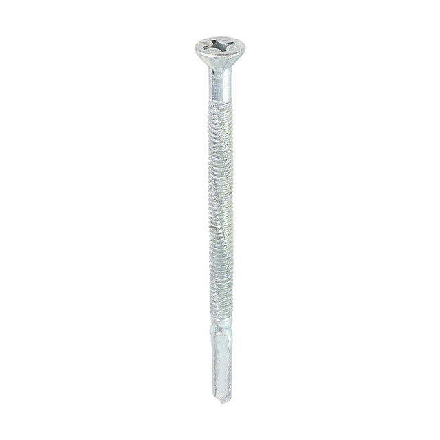 This is an image of Timco - Metal Construction Timber to Heavy Section Screws - Countersunk - Wing-Tip - Self-Drilling - Exterior - Silver Organic 5.5 x 85mm - (100 PCS Box) BMHW85