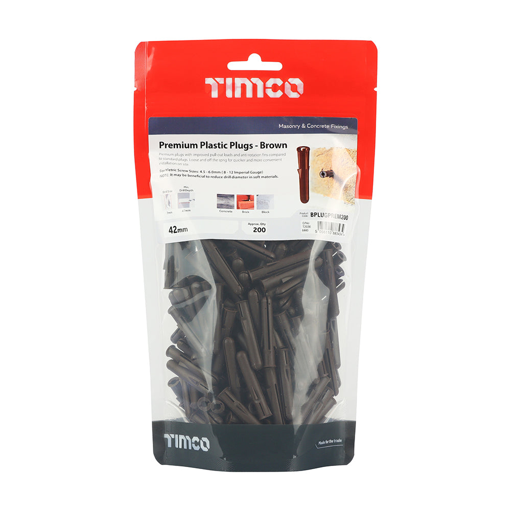 This is an image of Timco - Premium Plastic Plugs - Brown 42mm - (200 PCS TIMbag) BPLUGPREM200