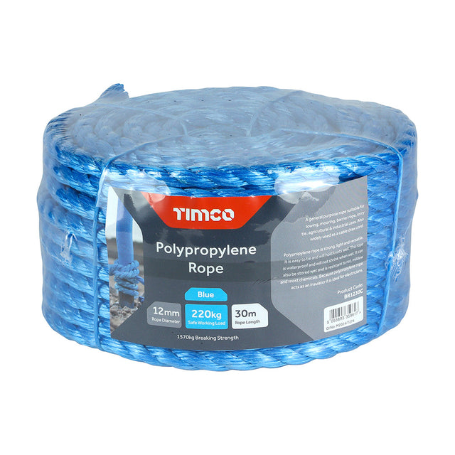 This is an image of Timco - Polypropylene Rope - Blue - Coil 12mm x 30m (1 Each Unit) BR1230C
