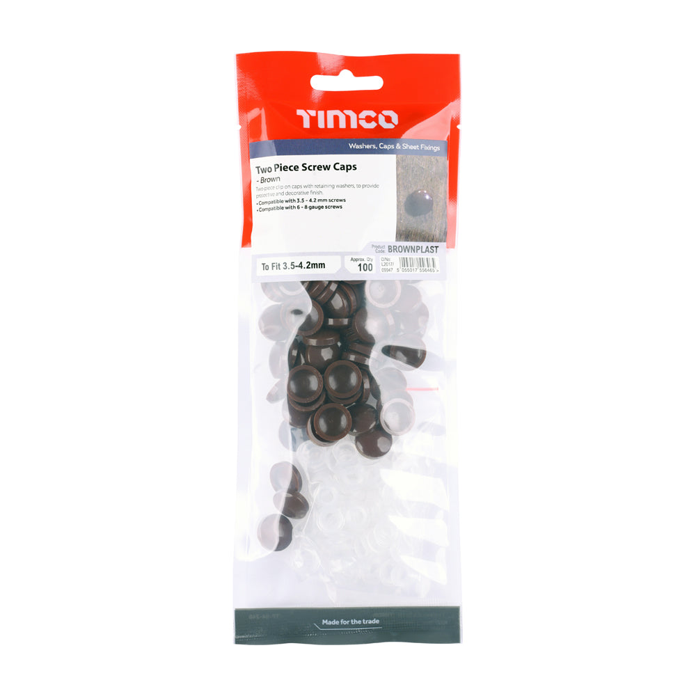 This is an image of Timco - Two Piece Screw Caps - Brown To fit 3.5 to 4.2 Screw - (100 PCS TIMpac) BROWNPLAST