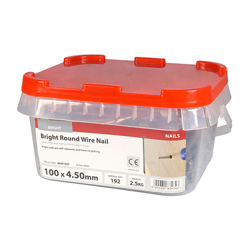 This is an image of Timco - Round Wire Nails - Bright 100 x 4.50mm (2.5 Kg TIMtub) BRW100T