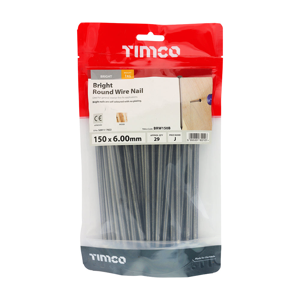 This is an image of Timco - Round Wire Nails - Bright 150 x 6.00mm (1 Kg TIMbag) BRW150B