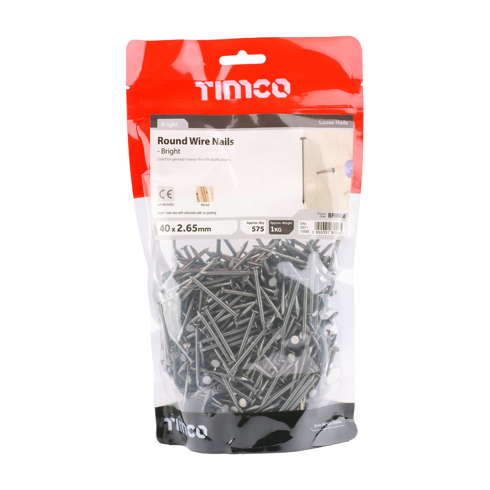 This is an image of Timco - Round Wire Nails - Bright 40 x 2.65mm (1 Kg TIMbag) BRW40B
