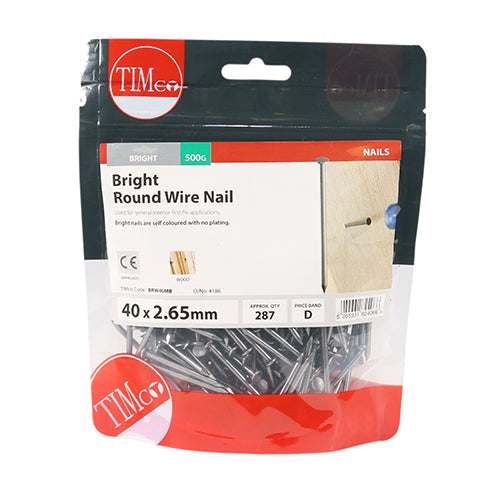 This is an image of Timco - Round Wire Nails - Bright 40 x 2.65mm (0.5 Kg TIMbag) BRW40MB