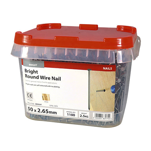 This is an image of Timco - Round Wire Nails - Bright 50 x 2.65mm (2.5 Kg TIMtub) BRW50T