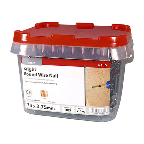 This is an image of Timco - Round Wire Nails - Bright 75 x 3.75mm (2.5 Kg TIMtub) BRW75T