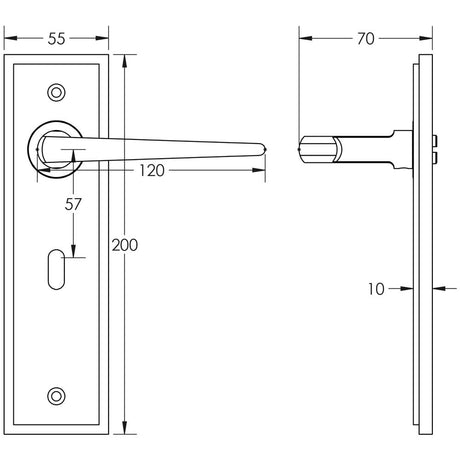 Technical drawing of of Burlington - Mayfair Door Handle Lock Backplate Antique Brass Sku. BUR10KIT9