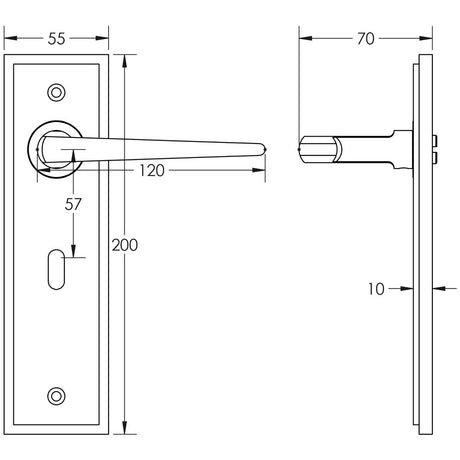 Technical drawing of of Burlington - Mayfair Door Handle Lock Backplate Satin Nickel Sku. BUR10KIT321