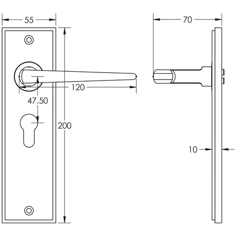 Technical drawing of of Burlington - Mayfair Door Handle Euro Backplate Satin Brass Sku. BUR10KIT245