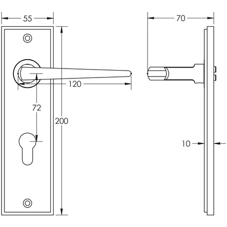 Technical drawing of of Burlington - Mayfair Door Handle Din Euro Backplate Satin Brass Sku. BUR10KIT246