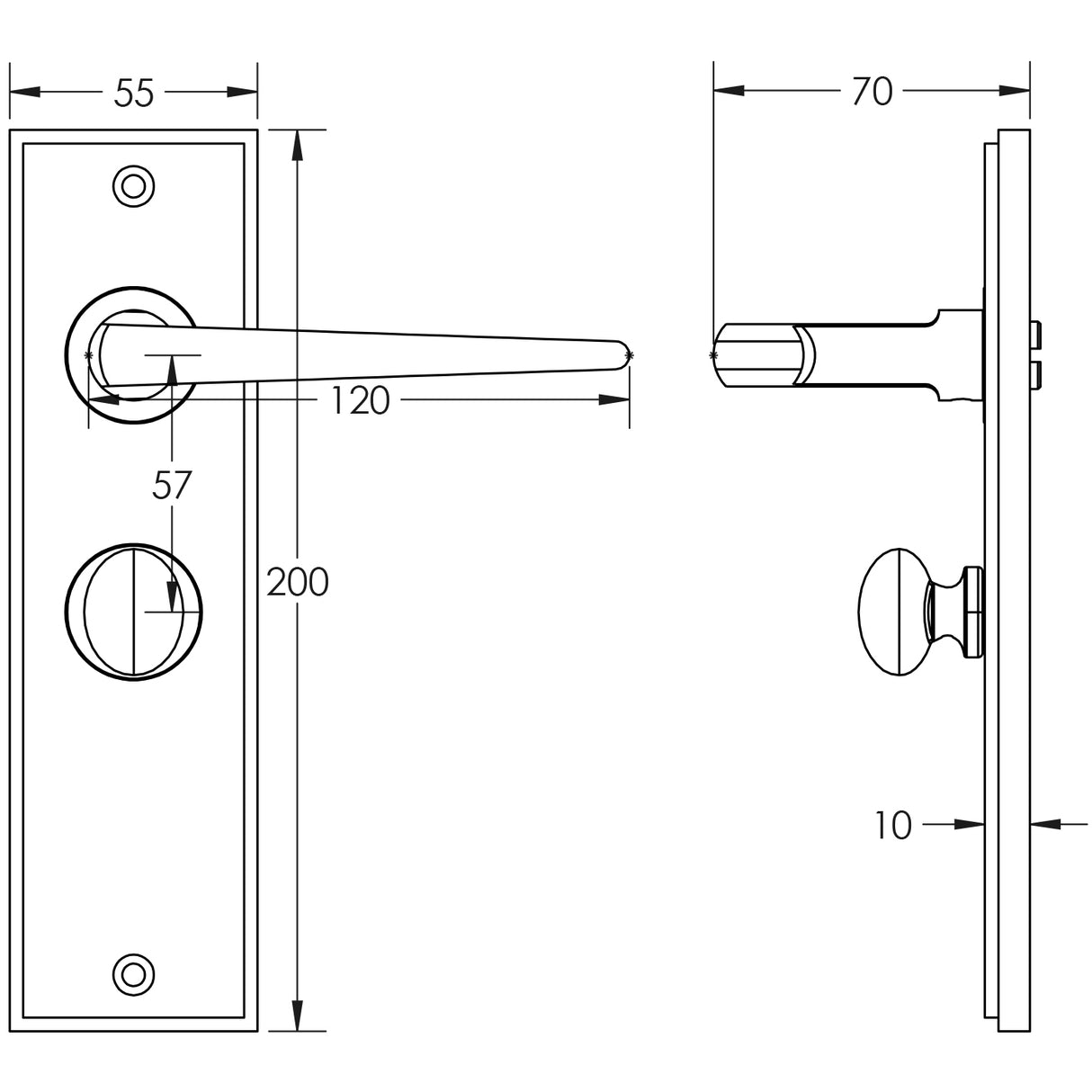 Technical drawing of of Burlington - Mayfair Door Handle Bathroom Backplate Polished Nickel & Turn & Release Sku. BUR-10PN-453PN-80PN