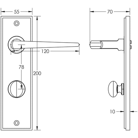 Technical drawing of of Burlington - Mayfair Door Handle Din Bathroom Backplate Polished Nickel & Turn & Release Sku. BUR-10PN-456PN-80PN