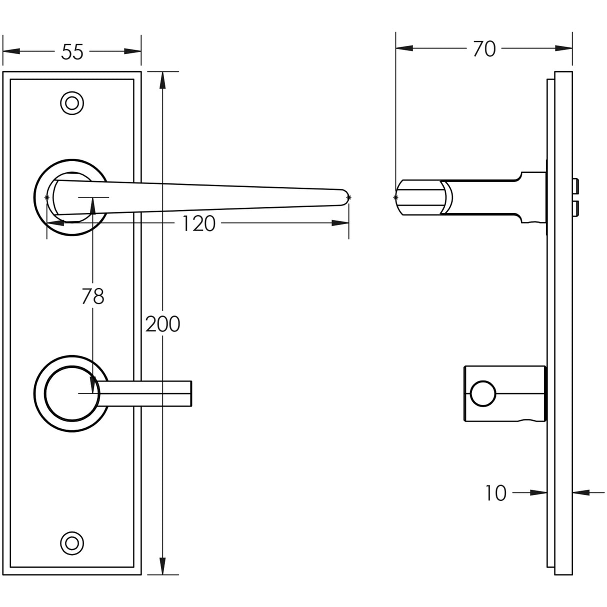 Technical drawing of of Burlington - Mayfair Door Handle Din Bathroom Backplate Antique Brass & Turn & Release Sku. BUR-10AB-456AB-82AB