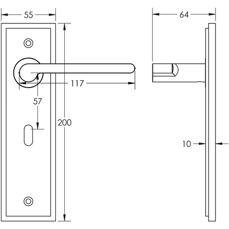 Technical drawing of of Burlington - Fitzrovia Door Handle Lock Backplate Satin Brass Sku. BUR15KIT243