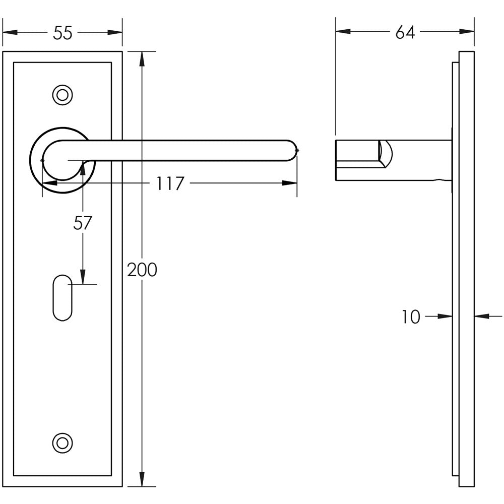 Technical drawing of of Burlington - Fitzrovia Door Handle Lock Backplate Polished Nickel Sku. BUR15KIT165