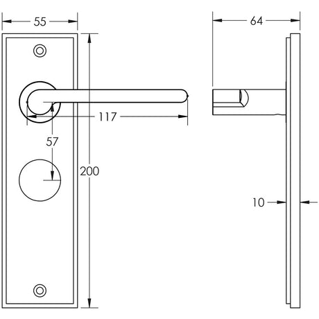 Technical drawing of of Burlington - Fitzrovia Door Handle Bathroom Backplate Satin Brass Sku. BUR15KIT244