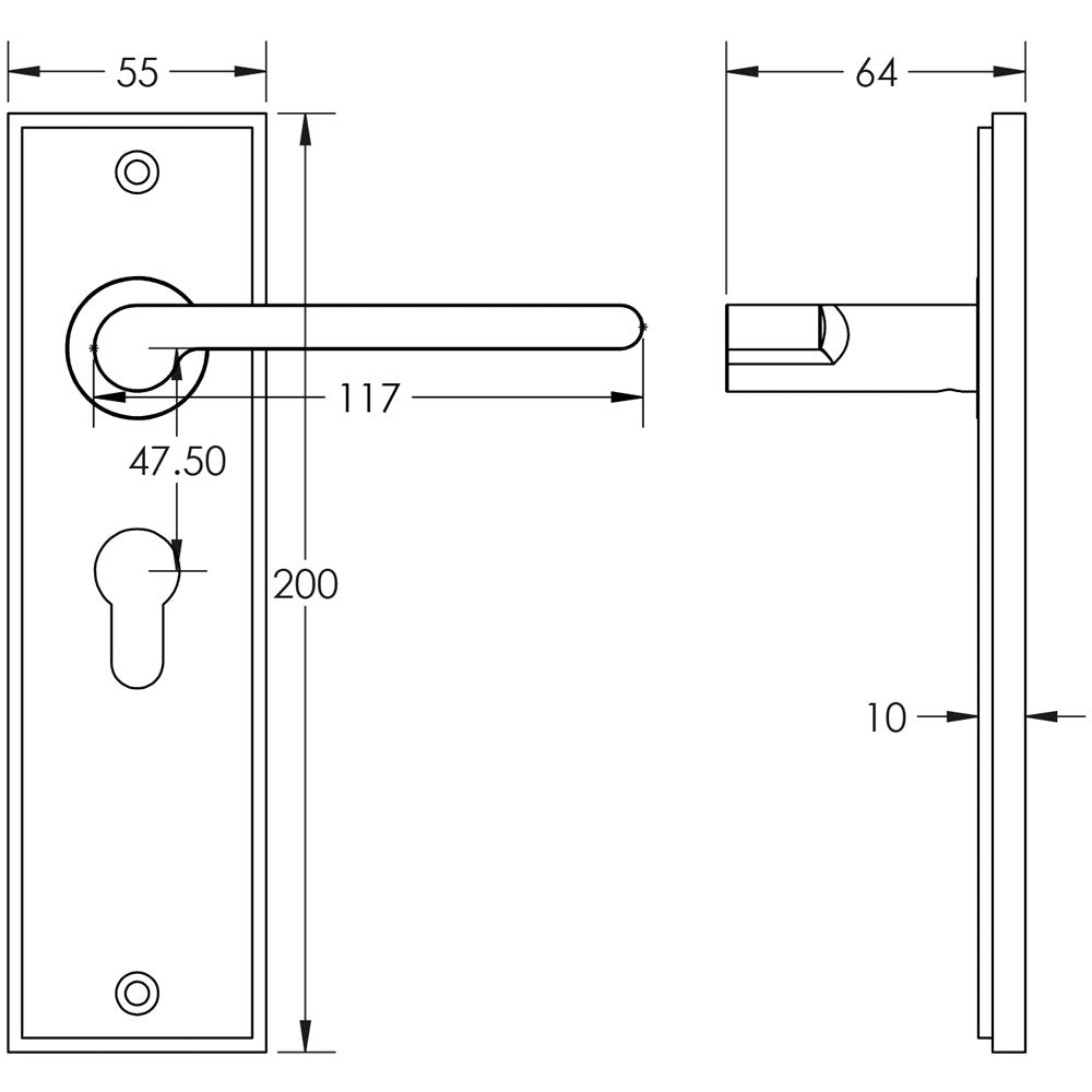 Technical drawing of of Burlington - Fitzrovia Door Handle Euro Backplate Dark Bronze Sku. BUR15KIT89