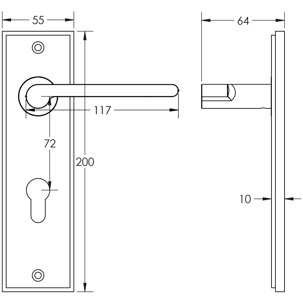Technical drawing of of Burlington - Fitzrovia Door Handle Din Euro Backplate Antique Brass Sku. BUR15KIT12