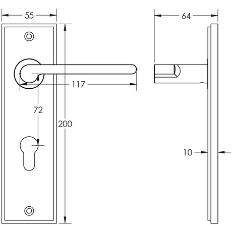 Technical drawing of of Burlington - Fitzrovia Door Handle Din Euro Backplate Polished Nickel Sku. BUR15KIT168
