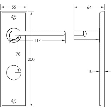 Technical drawing of of Burlington - Fitzrovia Door Handle Din Bathroom Backplate Satin Nickel Sku. BUR15KIT325