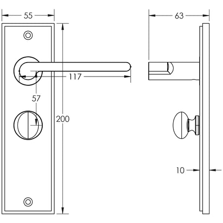 Technical drawing of of Burlington - Fitzrovia Door Handle Bathroom Backplate Dark Bronze & Turn & Release Sku. BUR-15DB-453DB-80DB