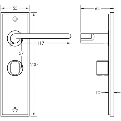 Technical drawing of of Burlington - Fitzrovia Door Handle Bathroom Backplate Satin Nickel & Turn & Release Sku. BUR-15SN-453SN-81SN