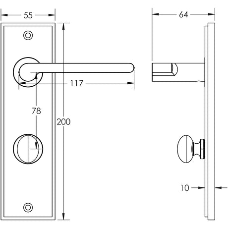 Technical drawing of of Burlington - Fitzrovia Door Handle Din Bathroom Backplate Satin Nickel & Turn & Release Sku. BUR-15SN-456SN-80SN