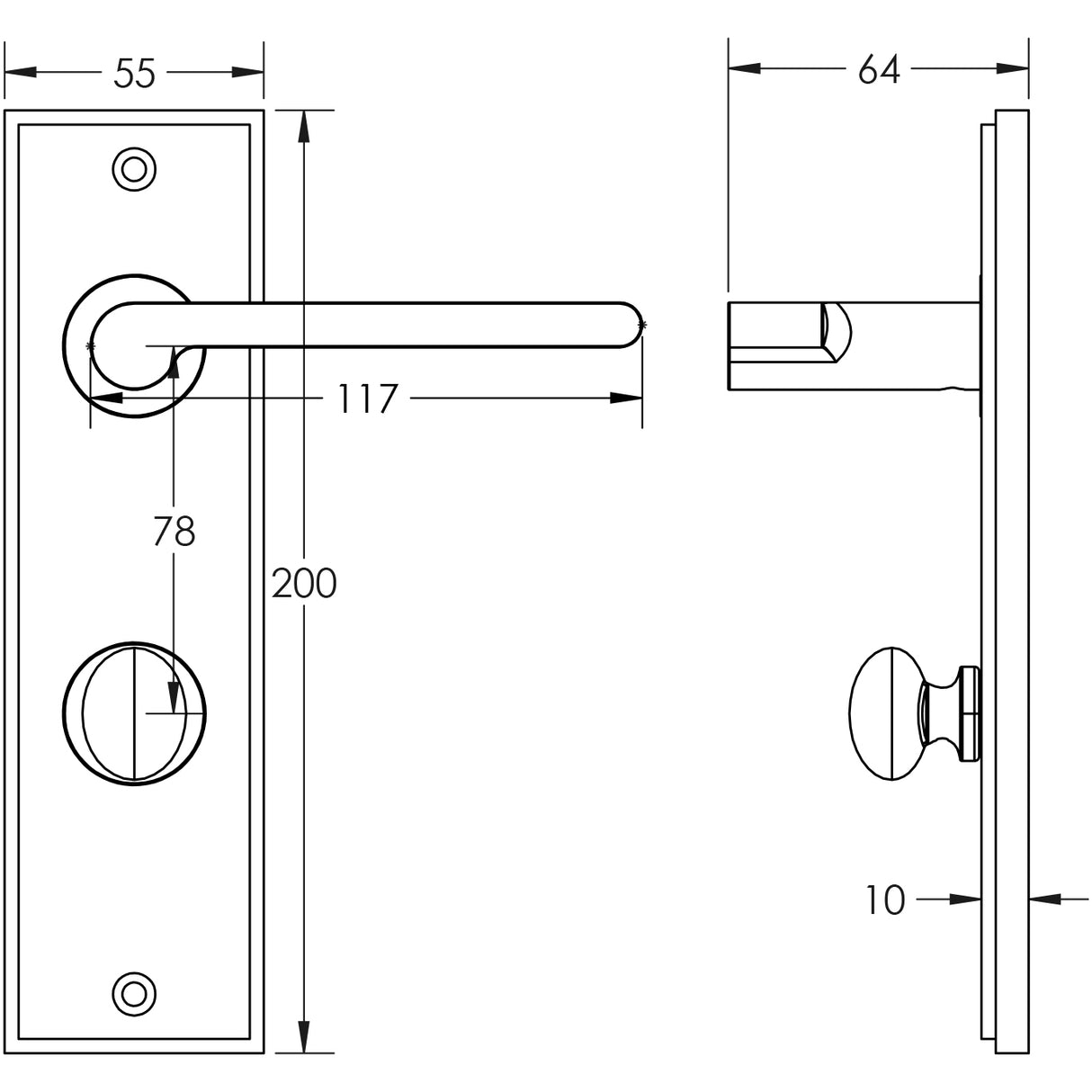 Technical drawing of of Burlington - Fitzrovia Door Handle Din Bathroom Backplate Satin Brass & Turn & Release Sku. BUR-15SB-456SB-80SB