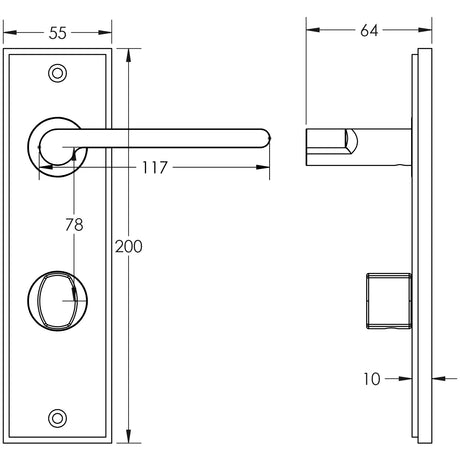 Technical drawing of of Burlington - Fitzrovia Door Handle Din Bathroom Backplate Satin Nickel & Turn & Release Sku. BUR-15SN-456SN-81SN