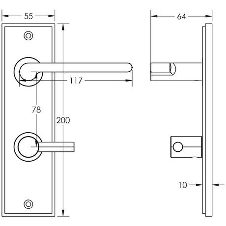 Technical drawing of of Burlington - Fitzrovia Door Handle Din Bathroom Backplate Satin Nickel & Turn & Release Sku. BUR-15SN-456SN-82SN