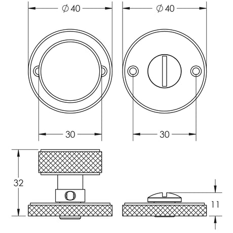 Technical drawing of of Burlington - Westbourne Knurled Turn & Release Antique Brass Sku. BUR180AB