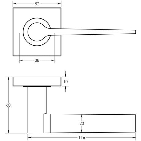 Technical drawing of of Burlington - Knightsbridge Door Handle on Square Plain Rose Polished Nickel Sku. BUR20KIT162