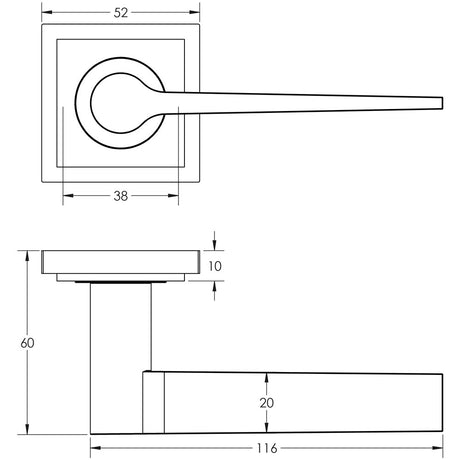 Technical drawing of of Burlington - Knightsbridge Door Handle on Square Stepped Rose Satin Nickel Sku. BUR20KIT319